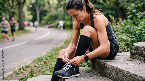Runner preparing for a race in the park: A focused female runner, dressed in athletic wear and compression socks, ties her shoelaces while sitting on stone steps in a park.