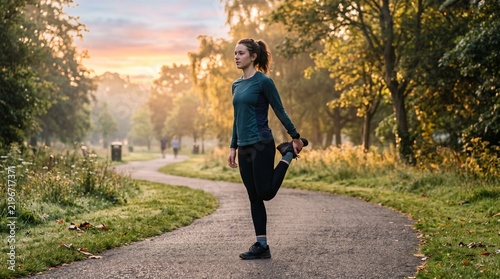 Morning Run Stretch: A woman performs a quadriceps stretch on a winding park path during a beautiful sunrise, with golden light filtering through the trees and mist rising from the ground.