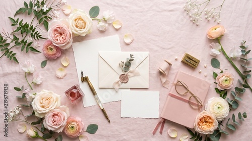 Romantic Stationery Ensemble: A collection of elegant stationery, including envelopes, notecards, a journal, and a quill pen, are artfully arranged amidst delicate pink roses and lush greenery.