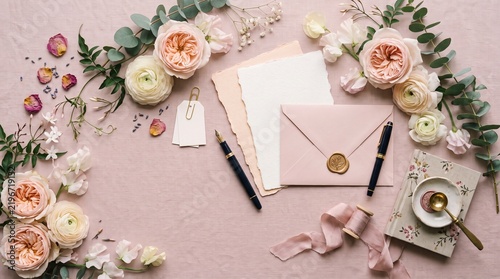Elegant Wedding Invitation Stationery: A beautifully arranged flat lay of wedding stationery, including envelopes sealed with wax, elegant pens, blank cards.