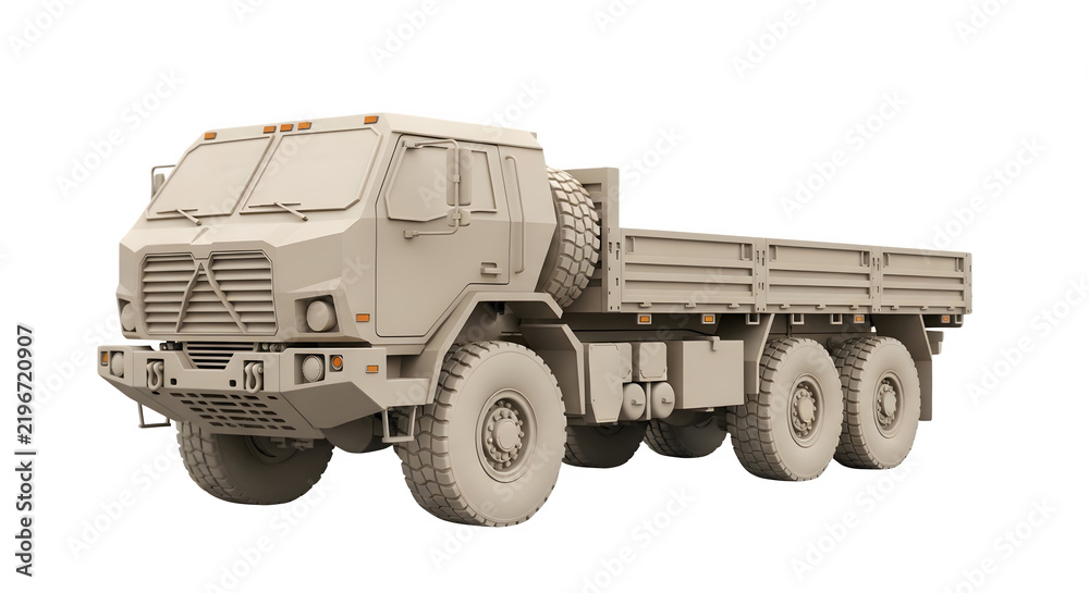 Fototapeta premium Side view of a heavy-duty military tactical transport truck with a flatbed trailer isolated on a clean transparent background