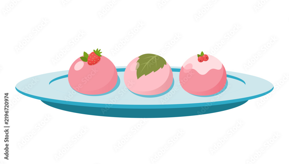 Fototapeta premium Japanese Sakura Peach and Strawberry Mochi Served on Long Blue Ceramic Plate Icon Flat Illustration