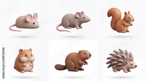 Set of Cute Cartoon Mouse and Hedgehog Figures in Soft Colors for Kids Toys or Educational Materials