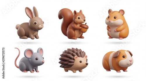 Cute Cartoon Animal Figures Set Featuring Bunny Squirrel Mouse Hedgehog Guinea Pig