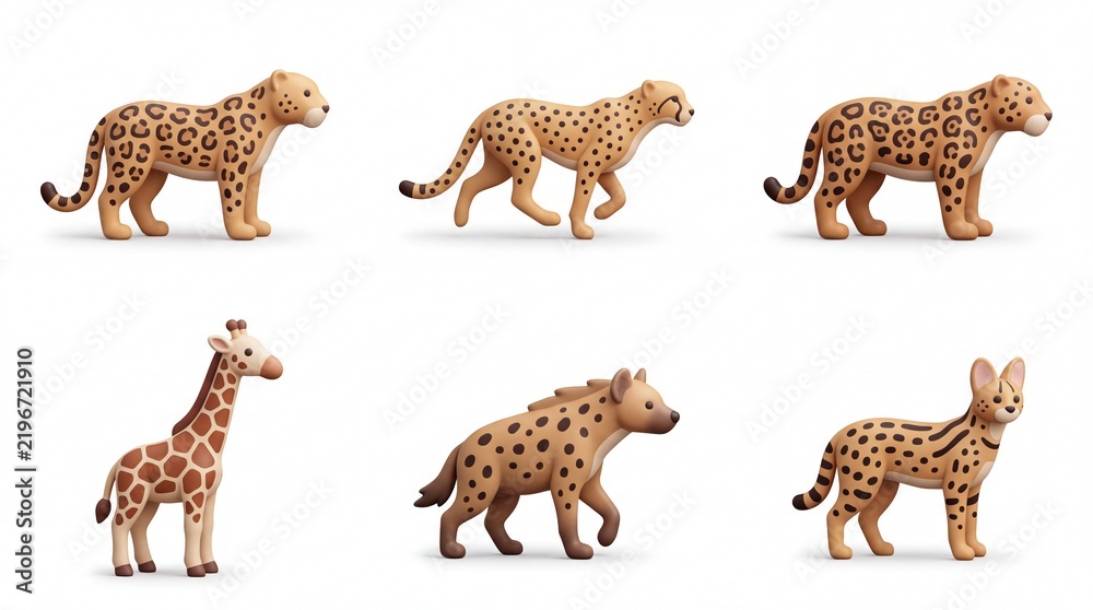 Obraz premium Set of Six Cute Animal Figurines Including Cheetah Giraffe Hyena and Leopard in Playful Style
