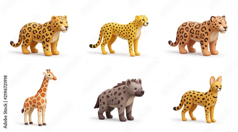 Obraz premium Set of Six Colorful Animal Toys Including Cheetah Giraffe Hyena and Leopard in Bright Playful Style for Children