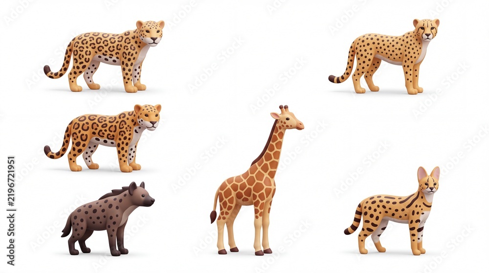 Obraz premium Collection of Cute Cartoon Animal Figures Including Leopard Giraffe and Cat in Bright Colors