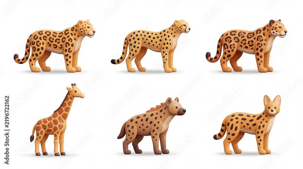 Obraz premium Set of Six Cute Animal Figures Including Cheetahs Giraffe Hyena and Cat in Cartoon Style