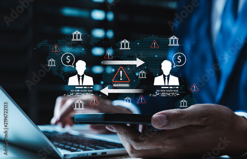 Banking fraud risk and financial transaction monitoring concept. global money transfer, warning alerts, customer profiles, bank icons, compliance checks, AML anti-money laundering, and cybersecurity