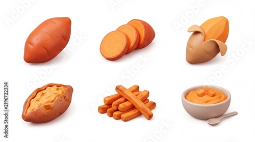 Sweet Potato and Cheddar Cheese Food Items on White Background