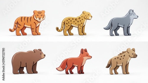 Colorful Toy Animal Figures Set Featuring Tiger Leopard Wolf Bear Fox and Hyena on White Background