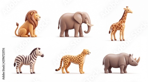 Colorful Animal Toy Set Featuring Lion Elephant Giraffe Zebra Cheetah and Rhinoceros for Children's Playroom or Educational Use