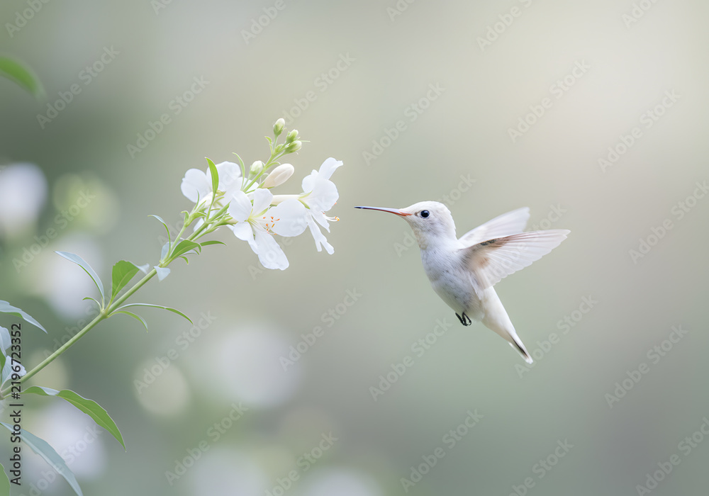 Fototapeta premium White hummingbird at white flowers