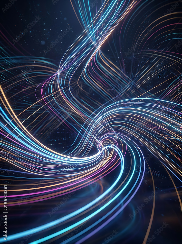 Fototapeta premium Abstract digital background with glowing blue and purple light trails in a swirling vortex motion