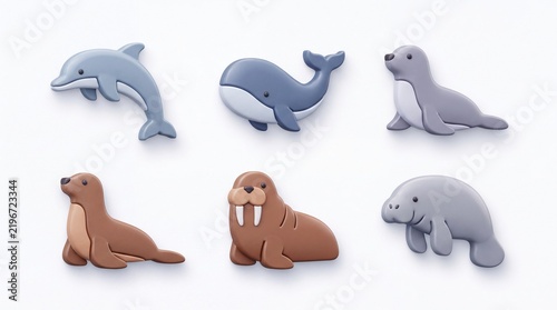 Set of Six Playful Marine Animal Toys in Soft Colors on White Background