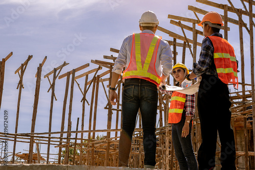 Civil engineer, architect and foreman worker with blueprints discuss, plan working for the outdoors building construction site. Construction collaboration concept