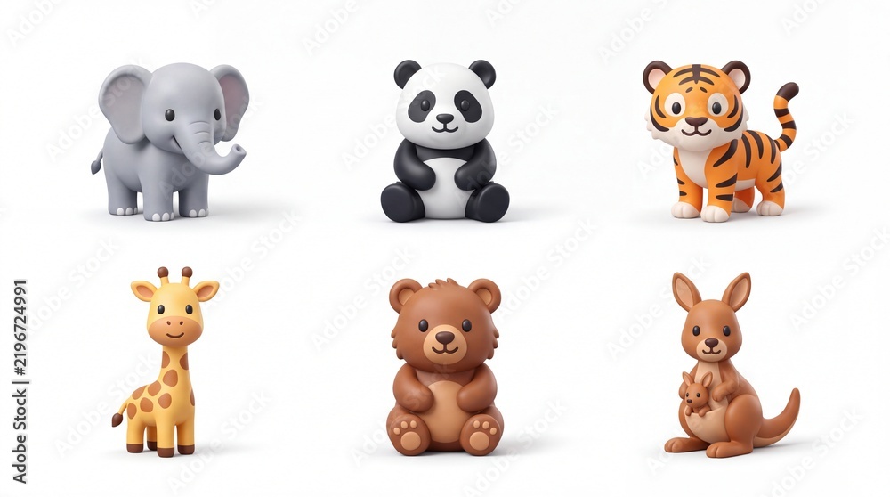 Fototapeta premium Cute Animal Toys Collection Featuring Elephant Panda Tiger Giraffe Bear and Kangaroo in Cartoon Style