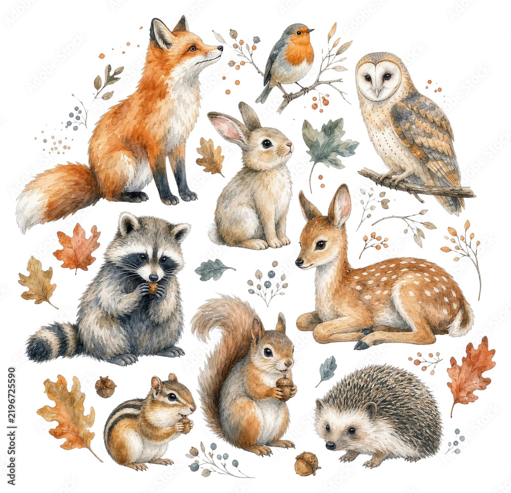 Fototapeta premium Watercolor woodland animals PNG on transparent background, fox, owl, rabbit, deer, raccoon, squirrel, hedgehog
