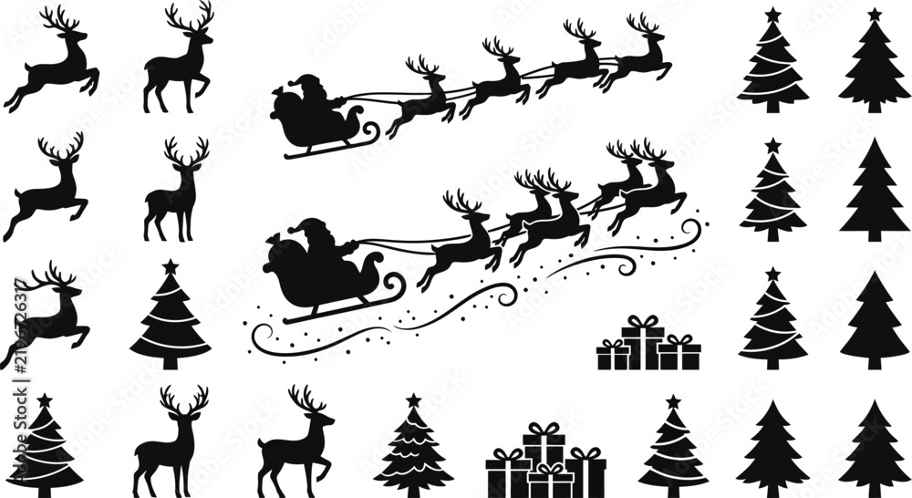 Fototapeta premium Black silhouettes of reindeer santa claus christmas trees and gift boxes on a white background silhouette tree present