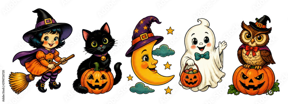 Fototapeta premium Halloween PNG set with cute witch girl, black cat, moon, ghost, owl on transparent background