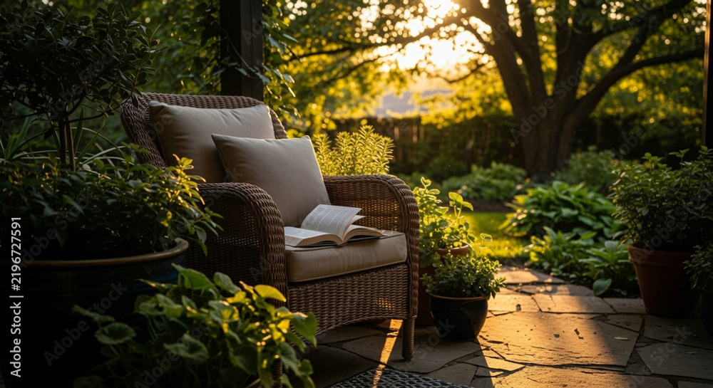 Obraz premium Serene Garden Seating Area Bathed In Golden Hour Sunlight