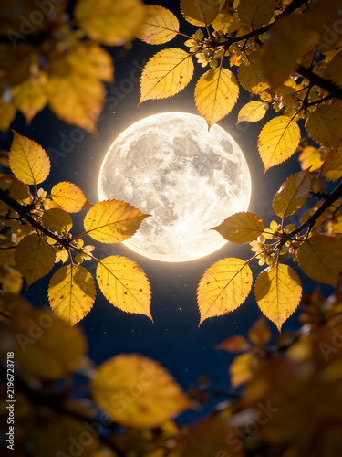 Full Moon Surrounded by Golden Autumn Leaves