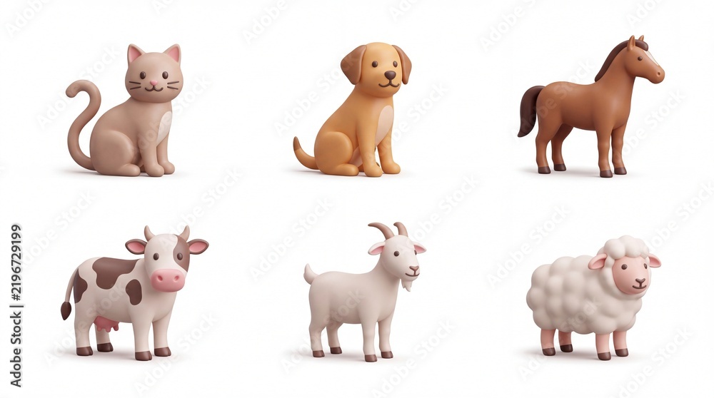 Fototapeta premium Set of Cute Animal Figurines Including Cat Dog Horse Cow Goat and Sheep on White Background