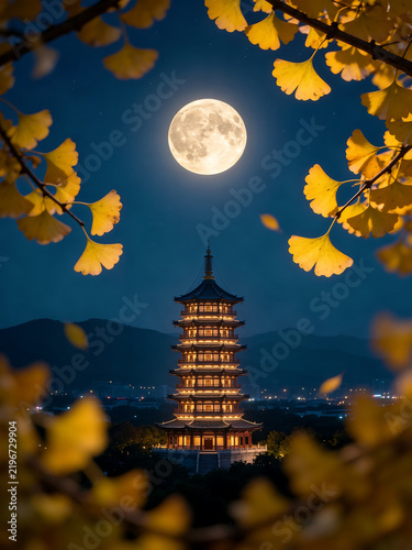 Full Moon and Ancient Pagoda Surrounded by Golden Ginkgo Leaves