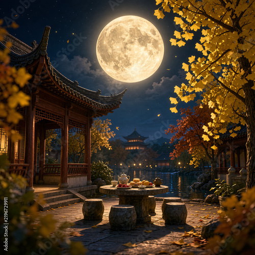 Mid-Autumn Festival Full Moon Over Chinese Classical Garden