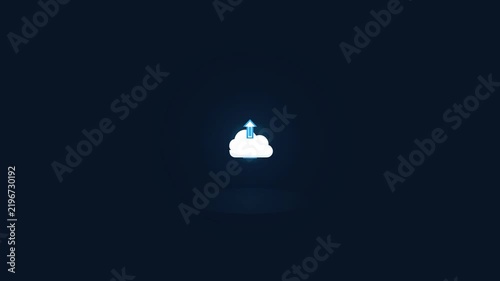 Glowing cloud storage upload icon on dark blue background representing digital technology data backup and network transfer
