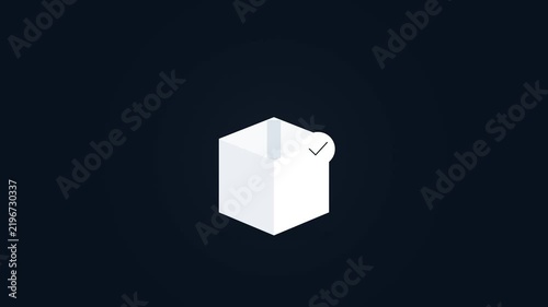 Isometric 3D white box with a checkmark, representing successful completion, order confirmation, or a delivered package. Clean graphic for task management and inventory
