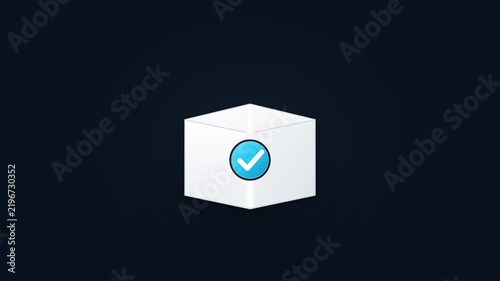 A white cube with a blue checkmark on its face, symbolizing completion or approval, isolated on a dark background