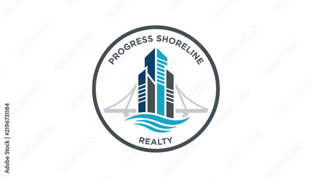 Obraz premium Professional logo for Progress Shoreline Realty featuring modern skyscrapers, sea waves, and a bridge in a circular frame.