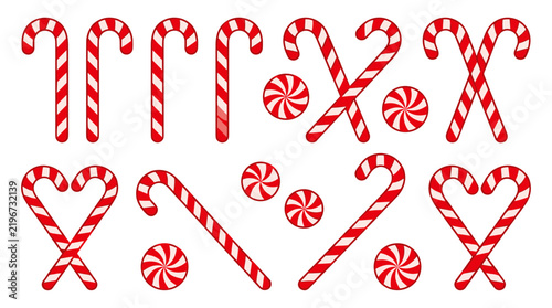 Christmas candy cane vector set with red and white striped peppermint sweets, festive holiday sugar cane illustrations, traditional winter treats and round peppermint swirl candies for decor