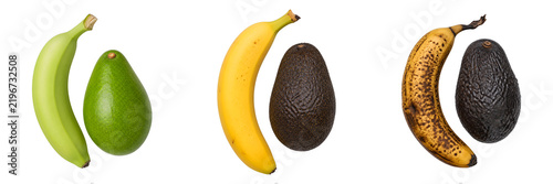 Three stage banana avocado ripening progression unripe ripe overripe fresh tropical fruit isolated transparent background