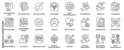 Successions Management icon set collection in outline style, an icon pack contain business, success, management, key, document, performance, best, growth, skill, owner and more. Vector Illustration.