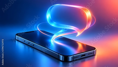 Colorful glowing neon ribbon forming a speech bubble over a smartphone. Abstract digital communication and messaging concept.