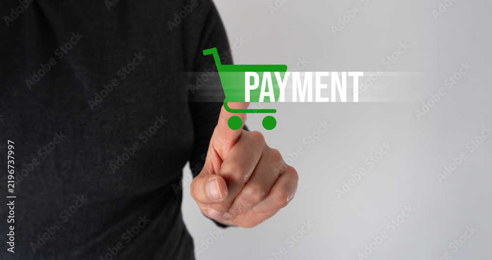 Fototapeta premium Person indicating payment step in digital shopping environment
