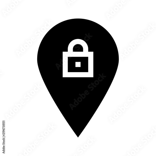 Black map marker symbol with white padlock icon, ideal for security and locationrelated designs. Minimal and simple graphic shape.