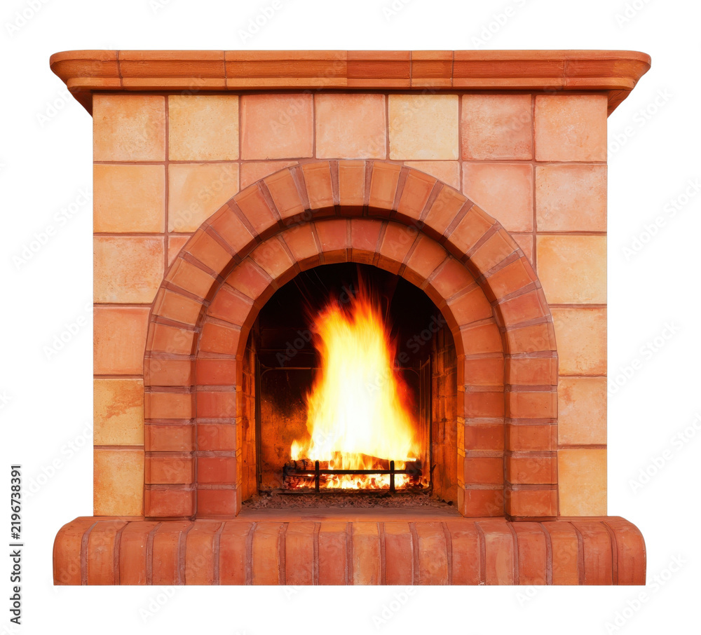 Fototapeta premium PNG Cozy brick fireplace with bright fire, isolated on white