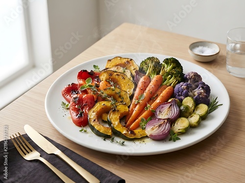 Delicious plate of roasted mixed vegetables with carrots broccoli and squash on a wooden table at home. rainbow meal presentation