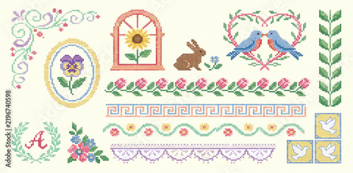 Vintage cross stitch. Handcrafted embroidery. Folk floral stitched elements, border, frame, bow, bird, flowers, curly ornate. Trendy cottagecore decor. Vector set