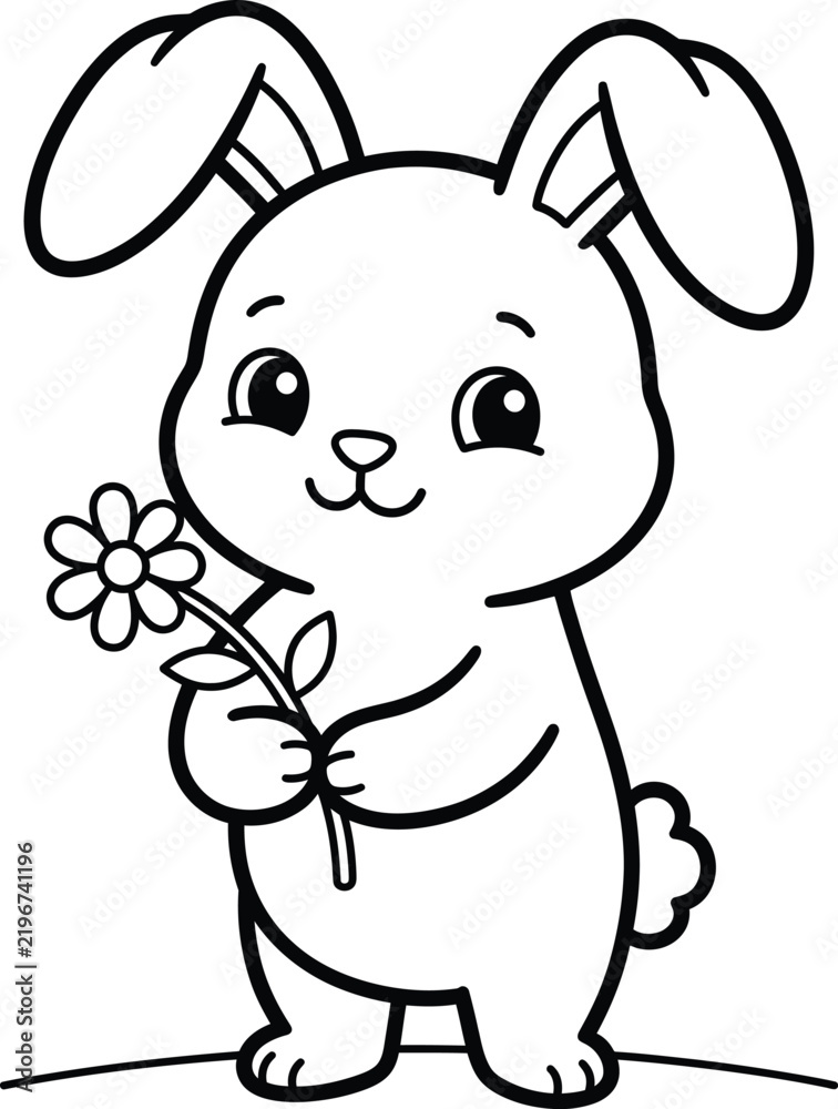 Fototapeta premium A cartoon bunny holding a flower is depicted in a simple black line art style