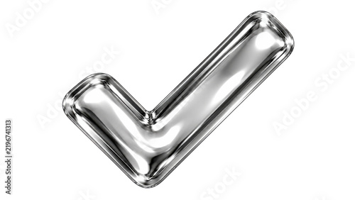 Chrome metallic check mark isolated on white background, chrome 3D interface icon for verification, approval and task completion design