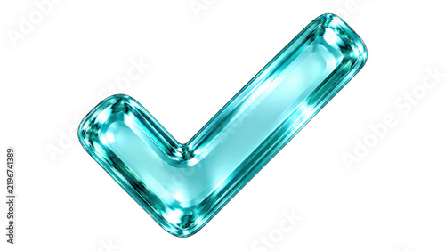 Aqua glass check mark isolated on white background, glossy 3D interface icon for success, approval and productivity app design