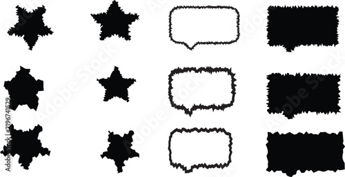 Collection of grunge style black star silhouettes and speech bubble shapes set vector illustration.