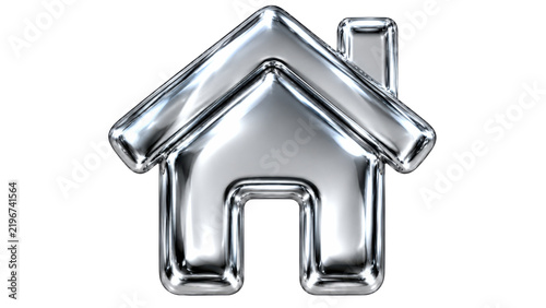 Chrome metallic house symbol isolated on white background, chrome 3D interface icon for real estate and website navigation design
