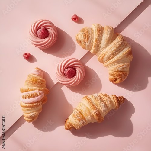 Creative Diagonal Composition of Golden Croissants and Pink Swirl Cream Tarts on Pink Background