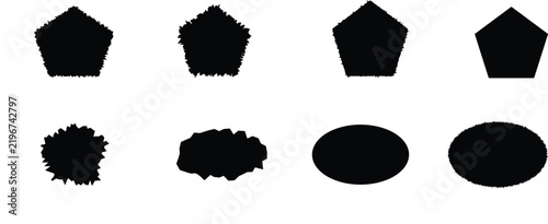 Set of black grunge shapes, pentagons, and textured brush strokes vector design elements