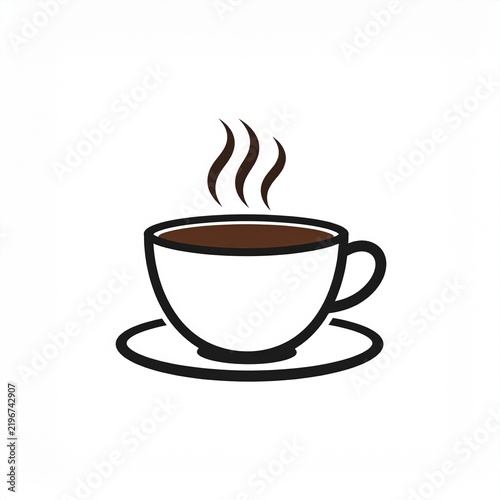 Hot steaming cup of coffee with saucer isolated on white background minimalist outline drink icon illustration